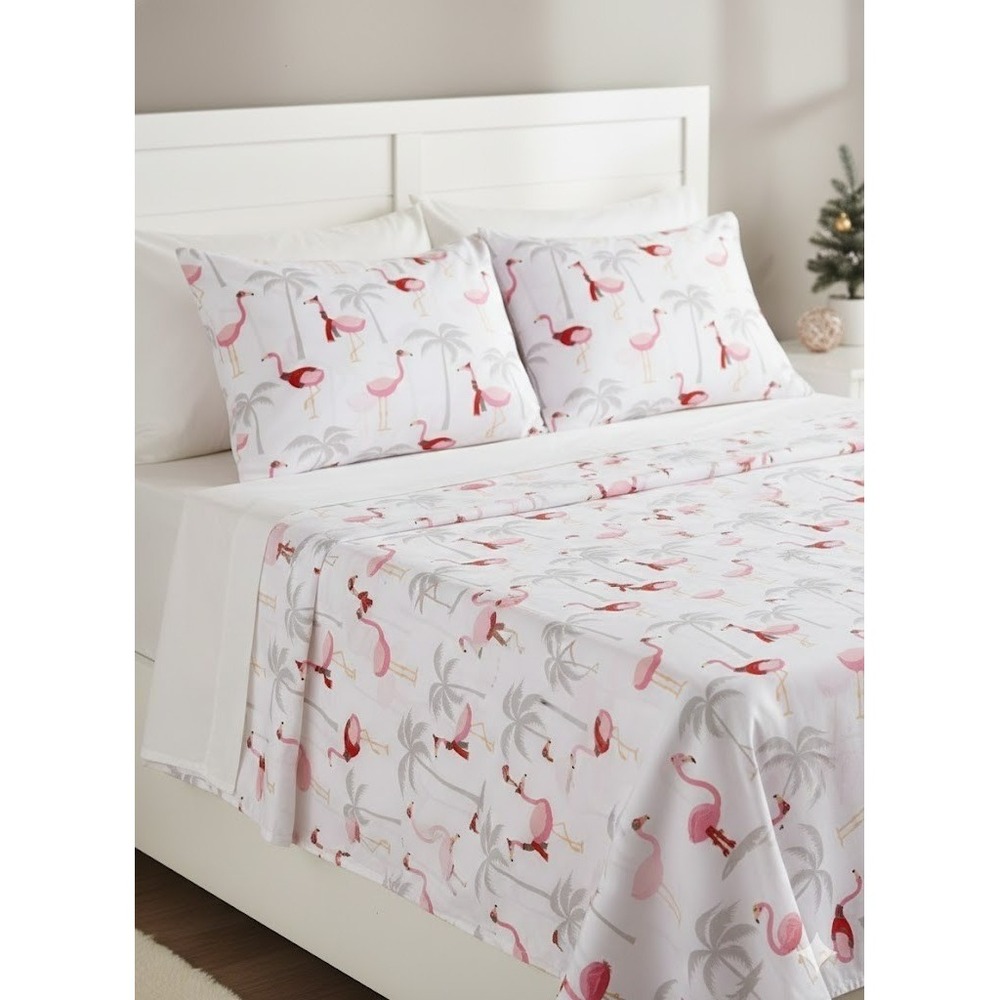NWT Holly Jolly Christmas Flamingo Microfiber Bedding Sheet Set Full 4pc Holiday